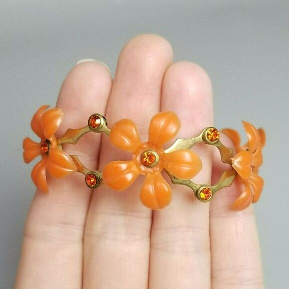 Vintage Orange Plastic Flower Rhinestone Expansion Stretch Bangle Bracelet Retro - Picture 1 of 9